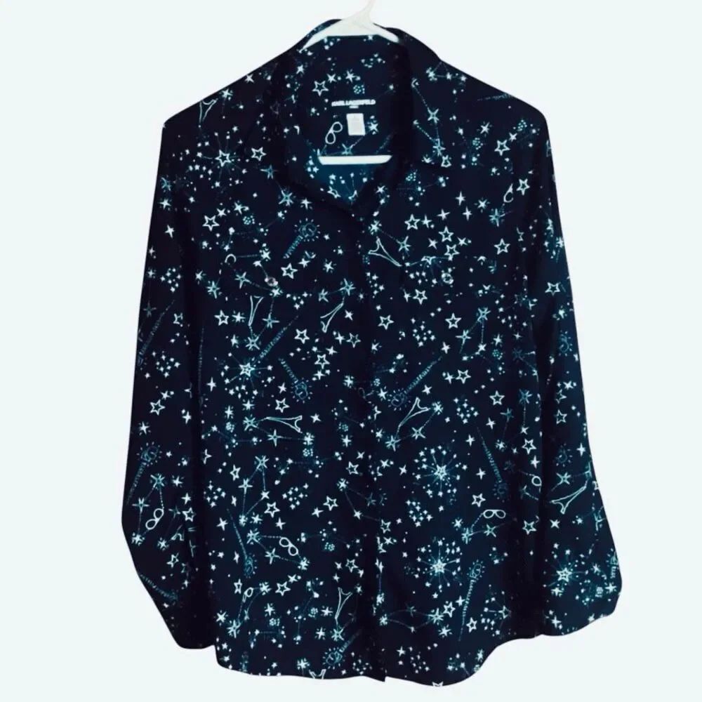 Karl Lagerfeld Paris Dark Navy Star Print Button Blouse Long Sleeve Women S